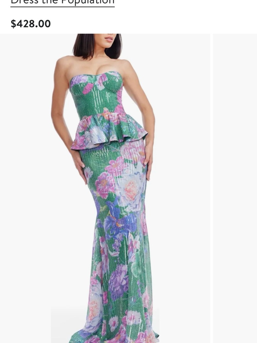 Dress the Population Green Floral Strapless Peplum Mermaid Gown